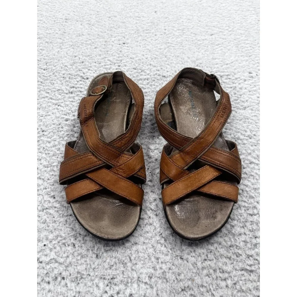 Women's Merrell Bassoon Tan Leather Strappy Open Toe Buckle Sandals Size 8 - Picture 2 of 10